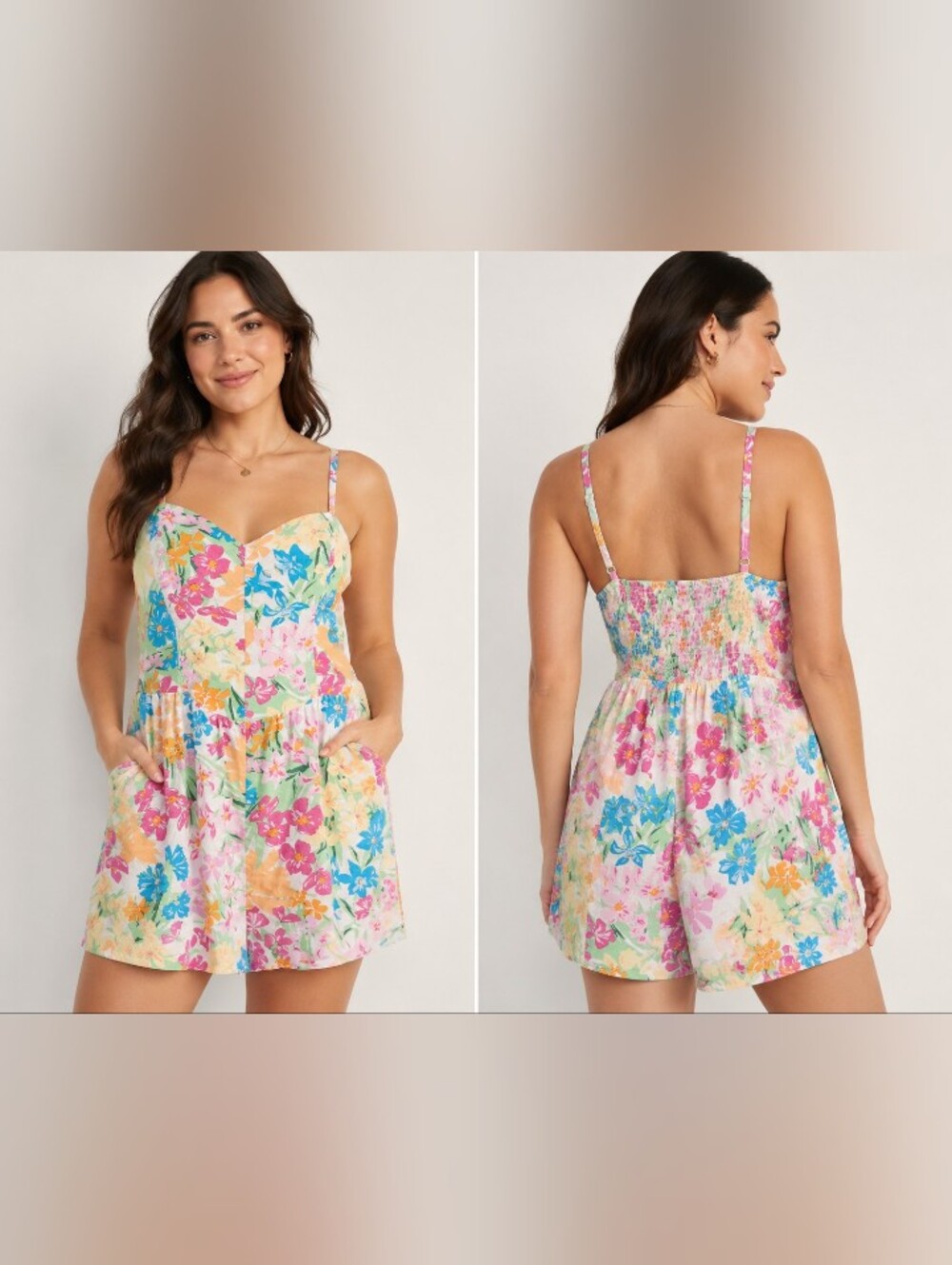 old navy linen blend floral romper xl tropical sleeveless pockets